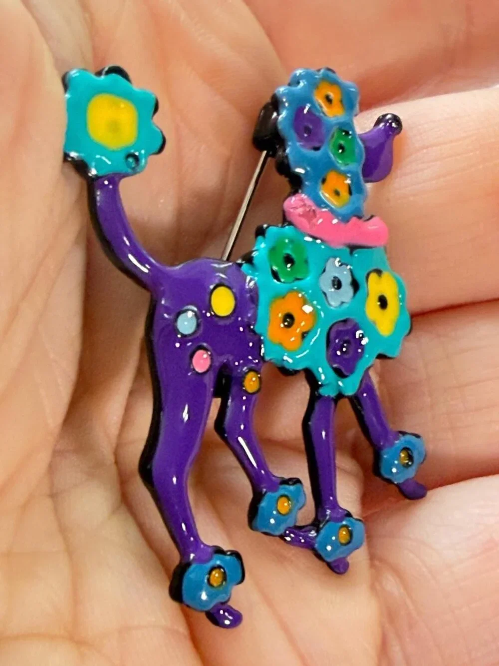 Poodle Dog Brooch Colorful Mosaic Style Glossy Enamel Purple Floral Pin 1.85 in